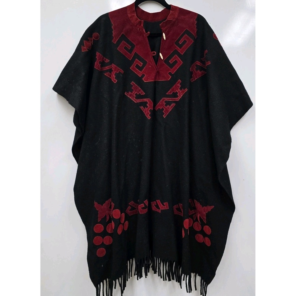VTG 70s Handmade‎ Mexican Wool Tunic Poncho Velvet Collar Fringed Folk Art RARE!